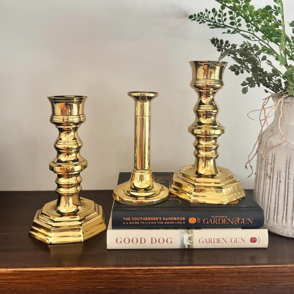 Vintage Mixed Set Solid Brass Beehive & Column Candleholders (3)